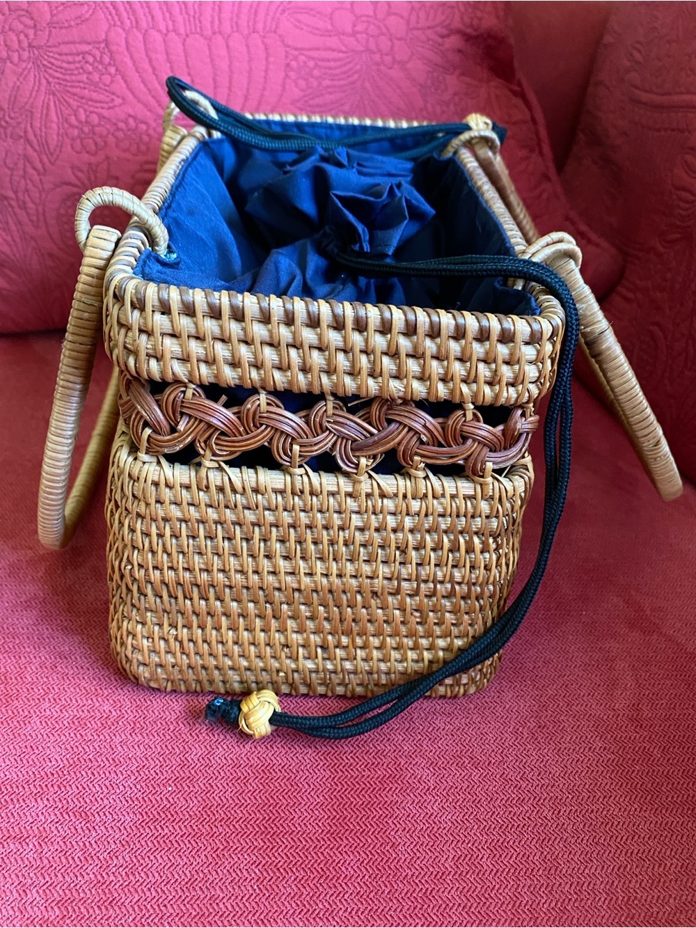 ASOS rattan rectangle bag with navy fabric drawstring liner. Like new! - Picture 5 of 9